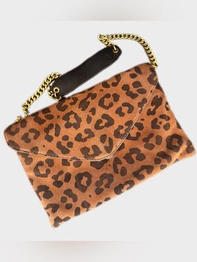 J.Crew Cheetah Leopard Suede Crossbody Flap Bag Gold Chain